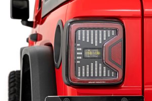 Jeep Wrangler Unlimited LED Tail Light - Rear - Rough Country - Black Housing with C-Shaped Running Light Design - Smoked - '18-'25